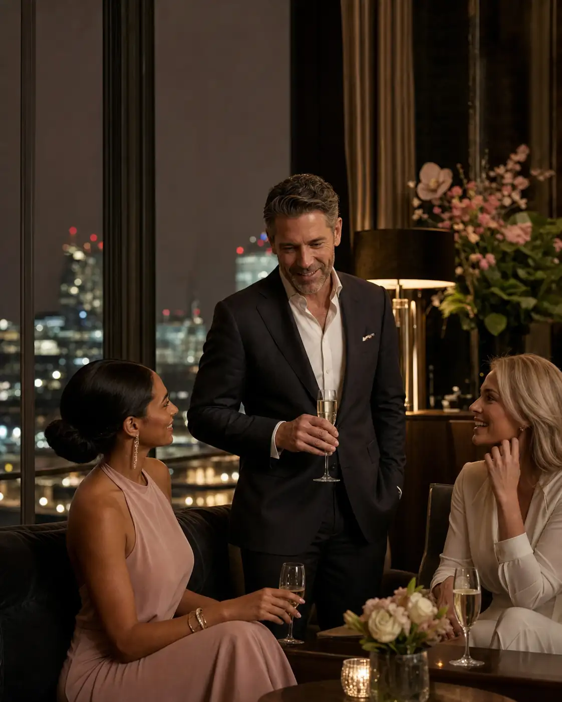 Successful UK professionals connecting in an elegant private members club